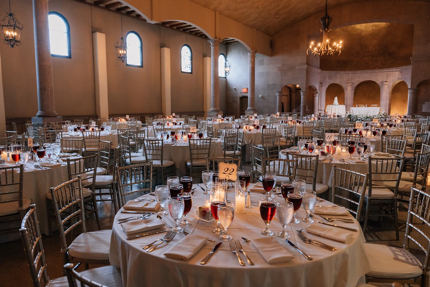 Reception hall dressed for dinner